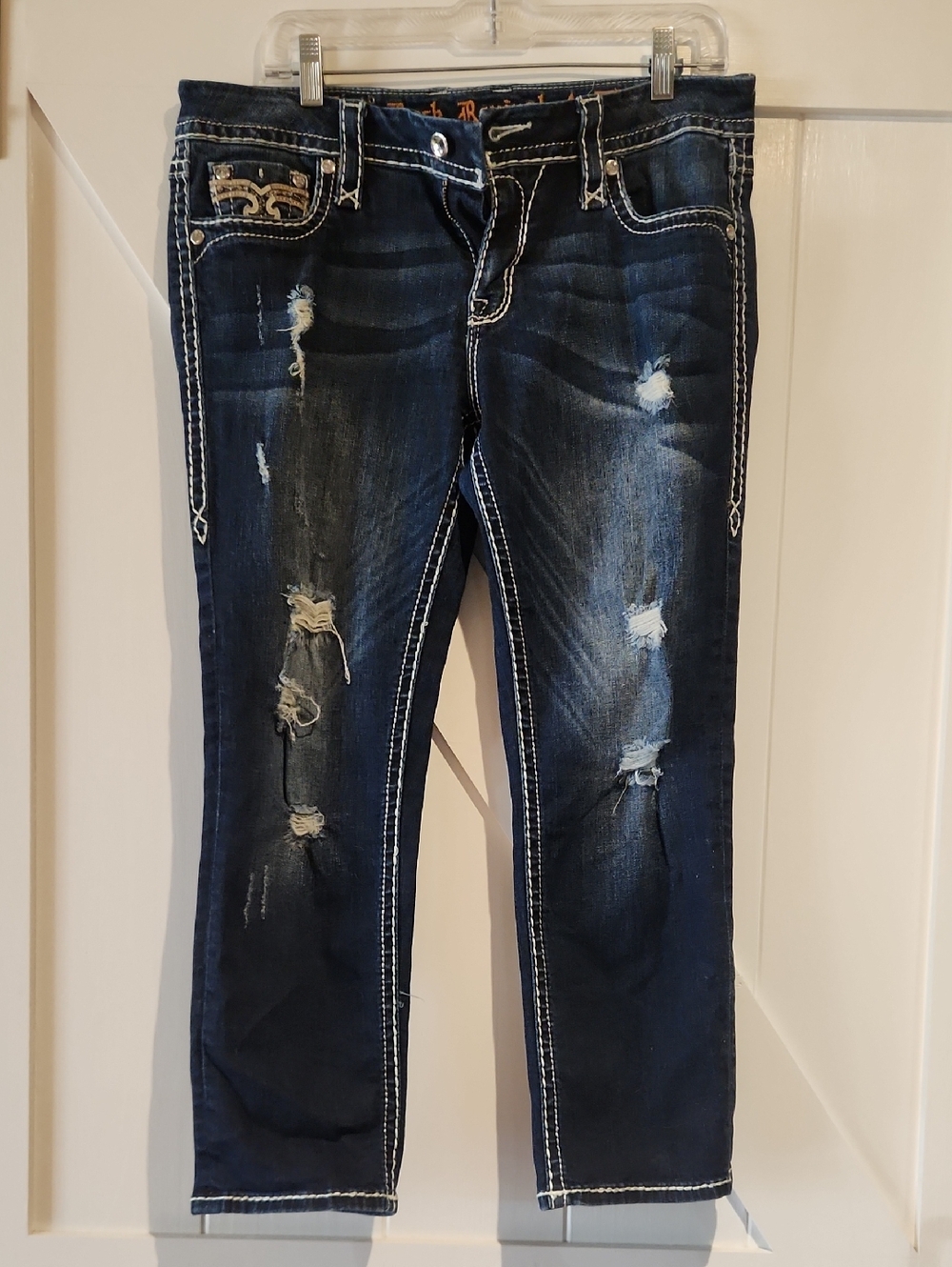 Rock Revival Dark Blue Distressed Straight Leg Crop Jean